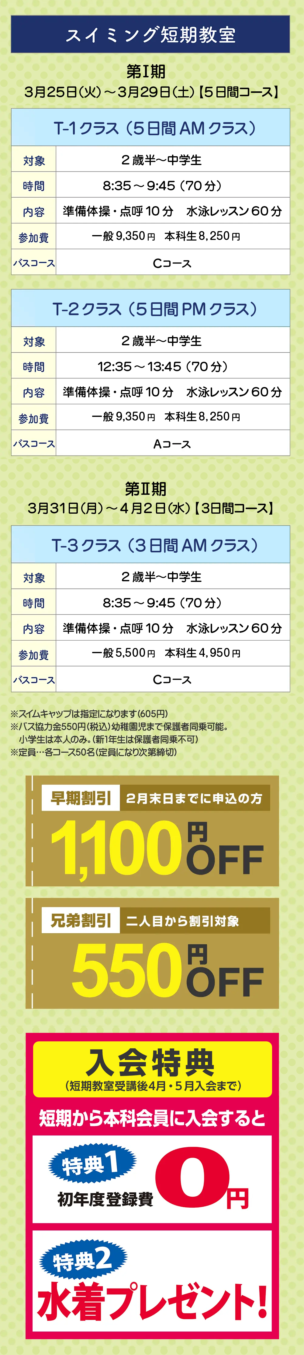 春休み短期水泳教室　夏の入会キャンペーン